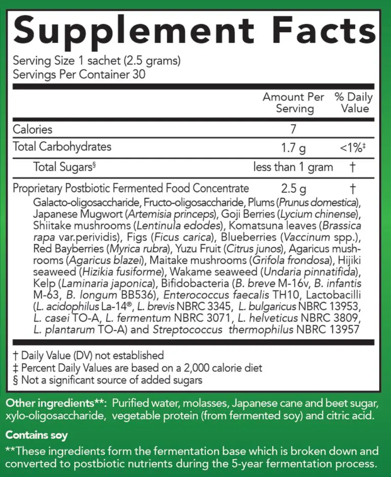 Supplement facts for fermented food product