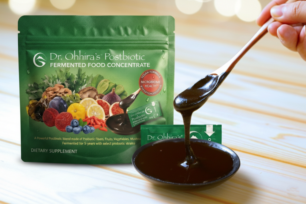 A spoon with some of the postbiotic paste connected to a small dish in front of a Pouch of Dr. Ohhira's Postbiotic Fermented Food Concentrate.