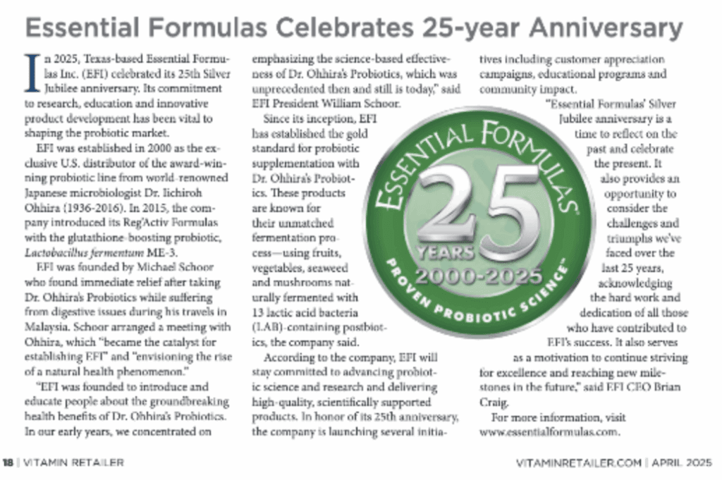 Essential Formulas Inc. (EFI) celebrates its 25th anniversary in 2025 - publication on Vitamin Retailer