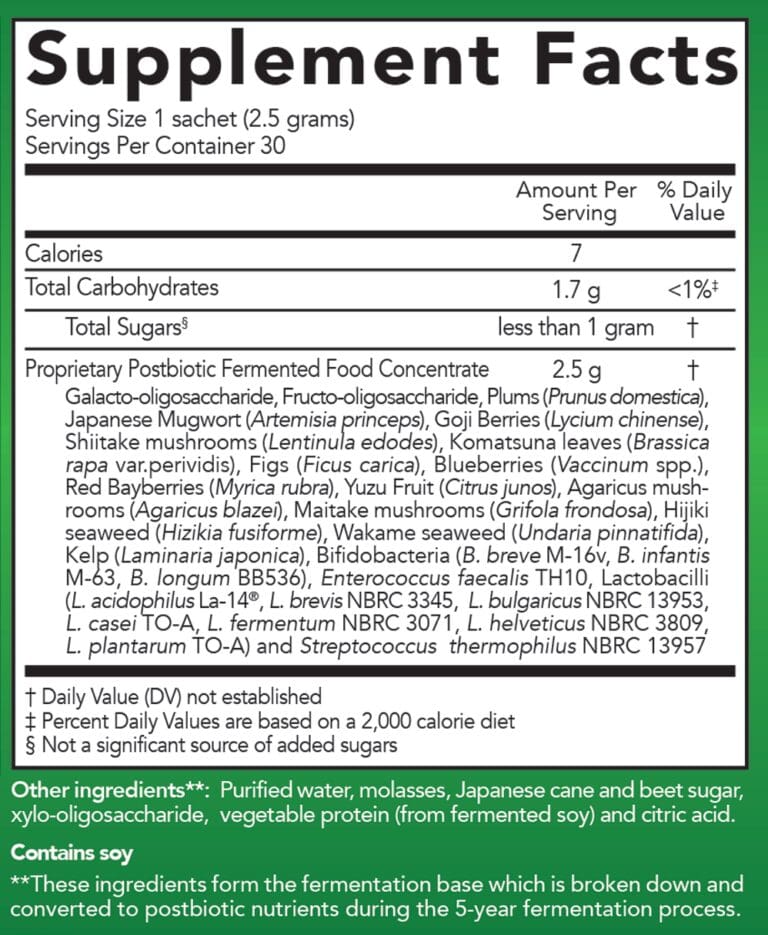 Supplement facts for fermented food product