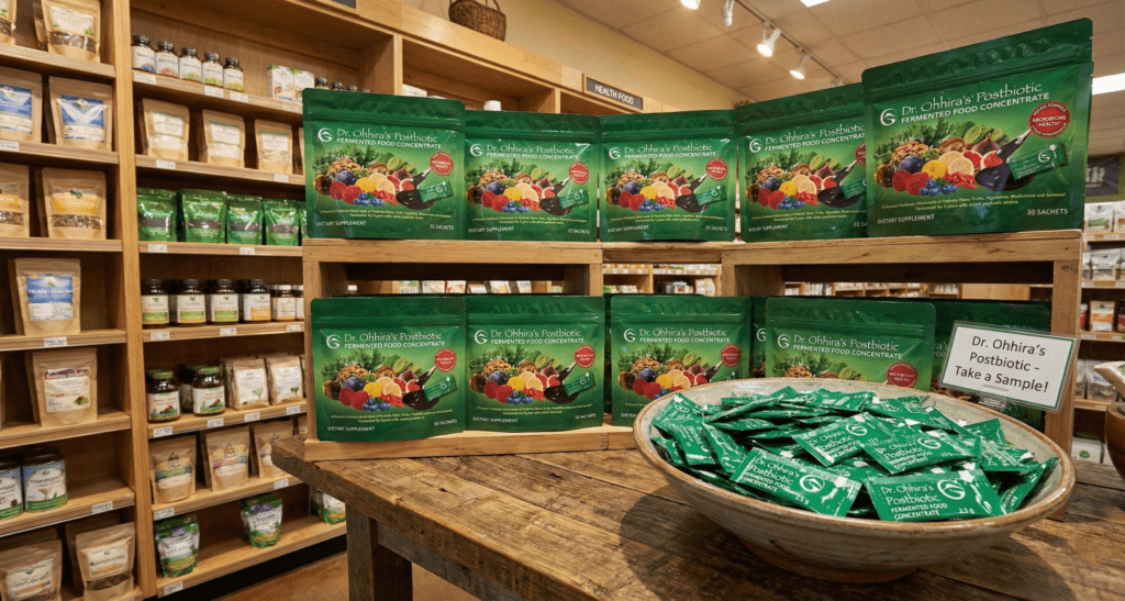 Multiple packages of Dr. Ohhira's Postbiotic Fermented Food Concentrate on a 2 stack shelf in a shop with a small bowl in front.
