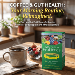 Dr. Ohhira's Probiotic box sitting next to a steaming coffee cup