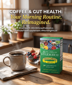Dr. Ohhira's Probiotic box sitting next to a steaming coffee cup