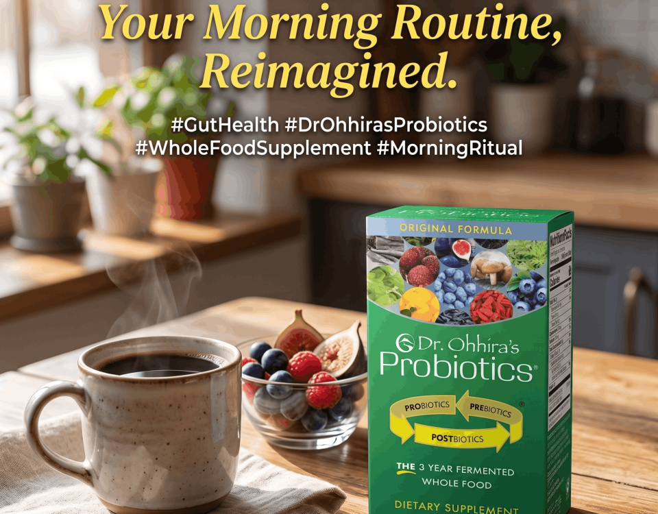 Dr. Ohhira's Probiotic box sitting next to a steaming coffee cup