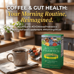 Dr. Ohhira's Probiotic box sitting next to a steaming coffee cup