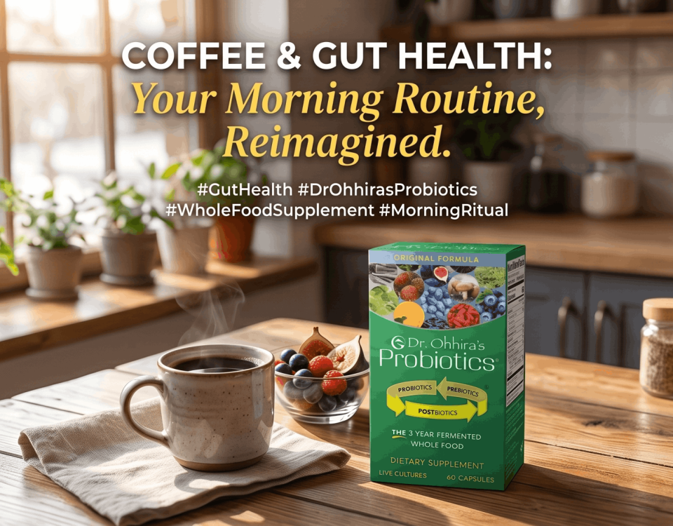 Dr. Ohhira's Probiotic box sitting next to a steaming coffee cup